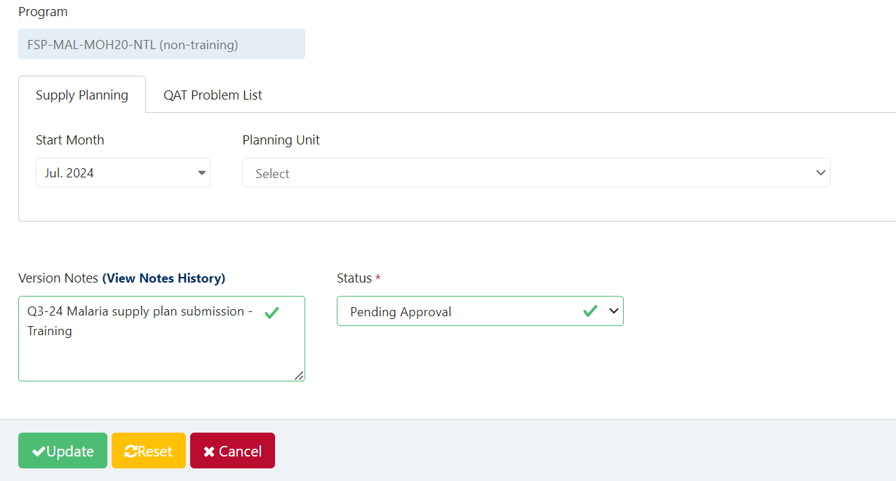 Supply Plan Version and Review (second screen)