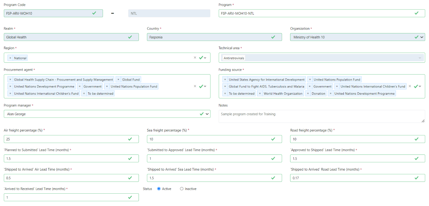 Update Program Info – Supply Planning Module