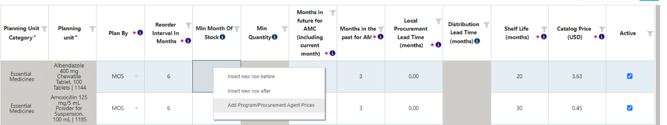 Accessing the Program/Procurement Agent Prices screen