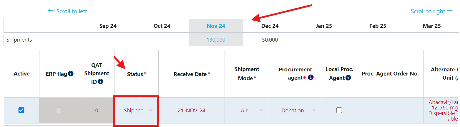 Shipment Details Table Columns