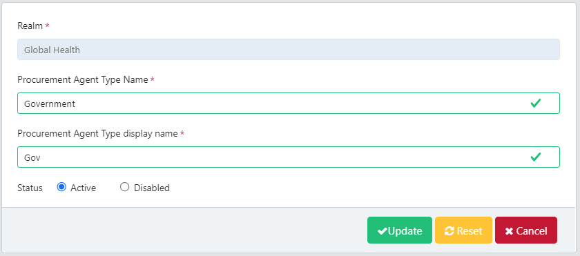 Update Procurement Agent Type Screen