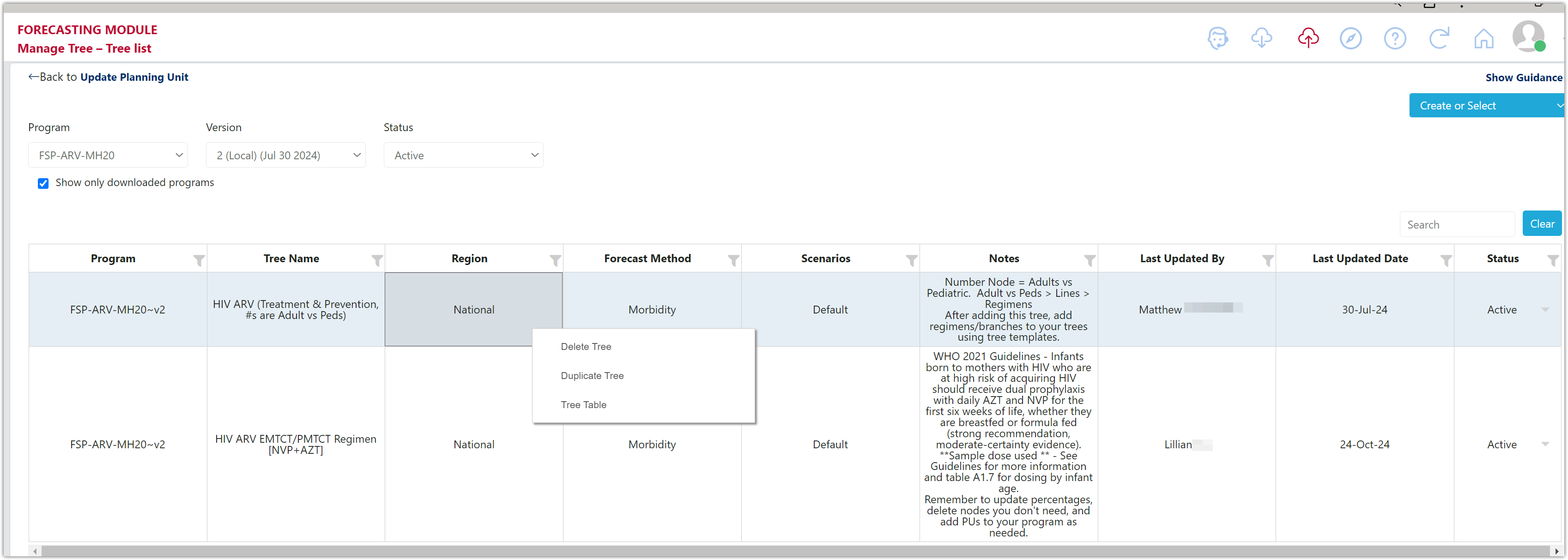Figure 169: Manage Tree – Tree List (Right click to access actions)