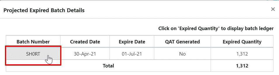 Projected Expired Batch Details Pop-up