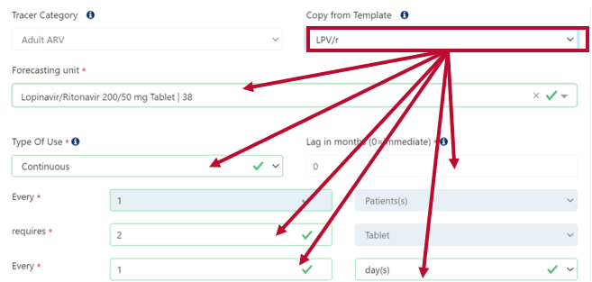 Using a Usage Template in a forecasting unit node - fields