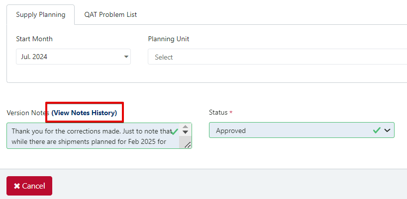 View Notes History Button