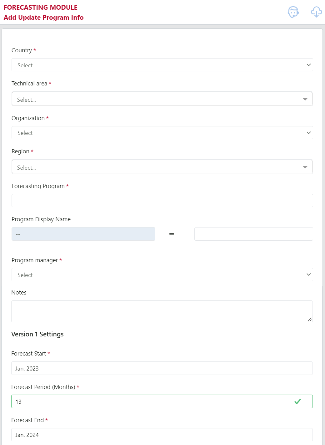 Forecasting Module Setup Program Screen